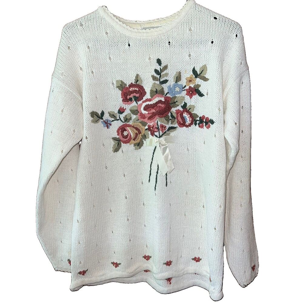 Vintage Y2K Capacity Floral Embroidered Sweater Cottagecore Knit Small